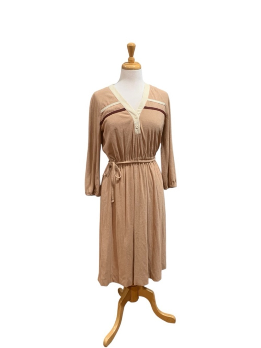 Vntg 70’s Women's MELISSA PETITES Long Sleeve terry cloth Dress Beige White szM